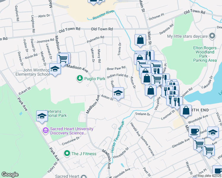 map of restaurants, bars, coffee shops, grocery stores, and more near 64 Corn Tassel Road in Bridgeport