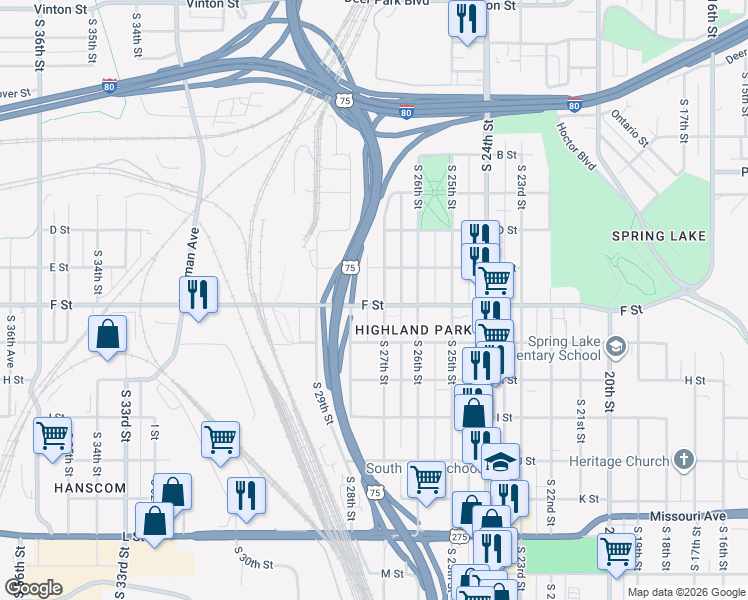 map of restaurants, bars, coffee shops, grocery stores, and more near 4032 South 27th Street in Omaha