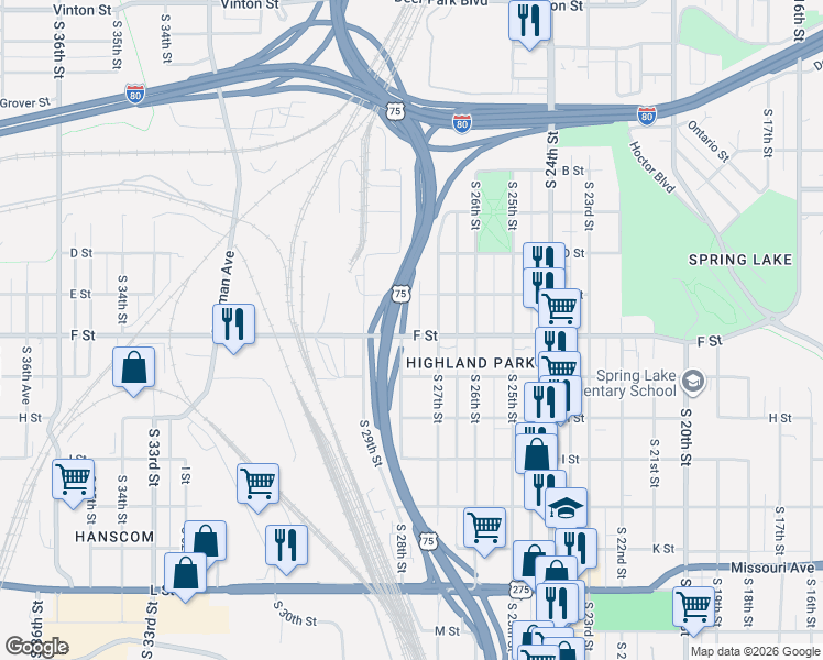 map of restaurants, bars, coffee shops, grocery stores, and more near 4032 South 27th Street in Omaha
