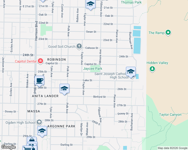 map of restaurants, bars, coffee shops, grocery stores, and more near 1585 25th Street in Ogden