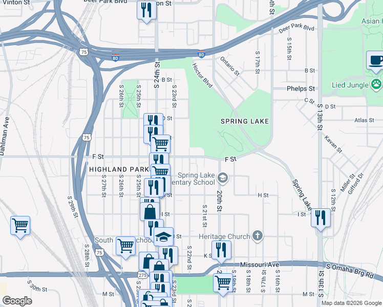 map of restaurants, bars, coffee shops, grocery stores, and more near 2202 F Street in Omaha