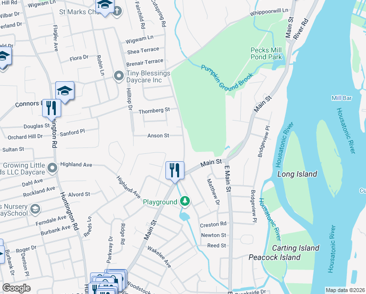 map of restaurants, bars, coffee shops, grocery stores, and more near 135 Cutspring Road in Stratford
