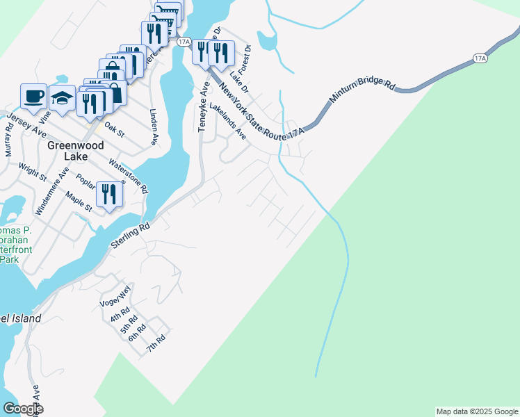 map of restaurants, bars, coffee shops, grocery stores, and more near 4 Cedar Road in Greenwood Lake