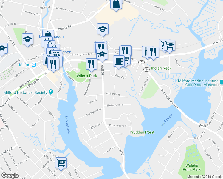 map of restaurants, bars, coffee shops, grocery stores, and more near 12 Bayberry Lane in Milford