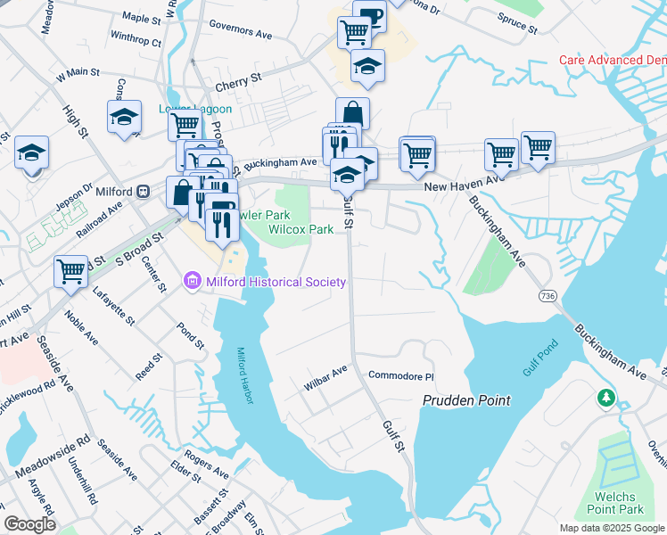 map of restaurants, bars, coffee shops, grocery stores, and more near 215 Gulf Street in Milford