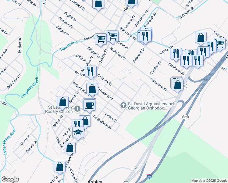 map of restaurants, bars, coffee shops, grocery stores, and more near 297 Ridge St in Luzerne