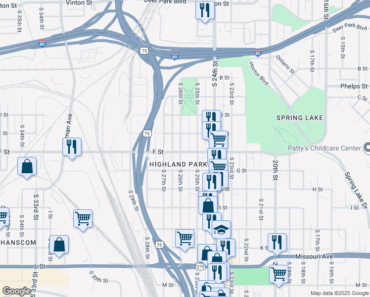 map of restaurants, bars, coffee shops, grocery stores, and more near 2518 F Street in Omaha
