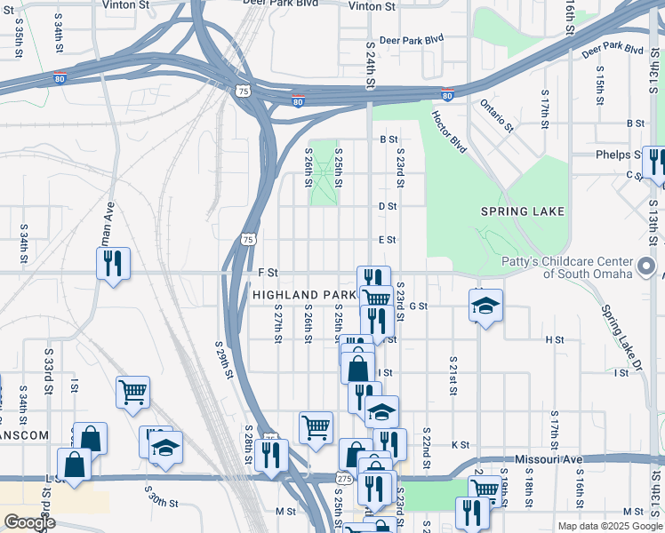 map of restaurants, bars, coffee shops, grocery stores, and more near 4034 South 25th Street in Omaha