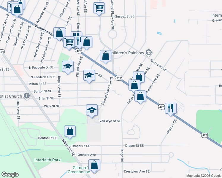 map of restaurants, bars, coffee shops, grocery stores, and more near 2146 Central Parkway Avenue Southeast in Warren