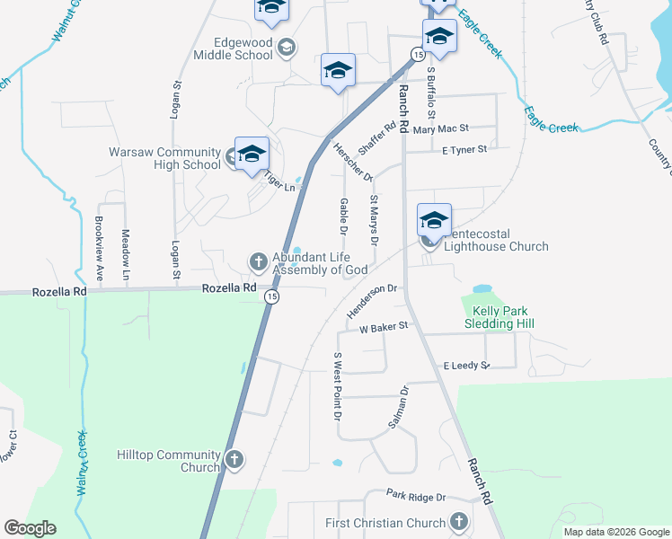 map of restaurants, bars, coffee shops, grocery stores, and more near 1338 Gable Drive in Warsaw