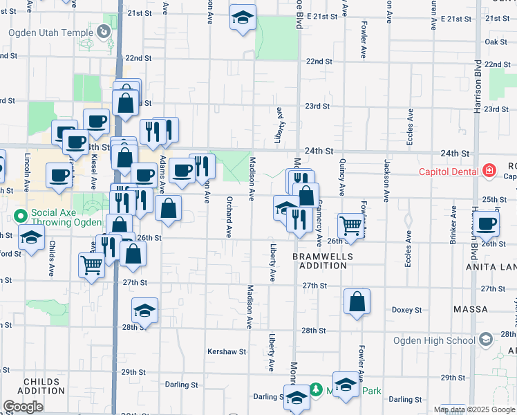 map of restaurants, bars, coffee shops, grocery stores, and more near 2520 Madison Avenue in Ogden