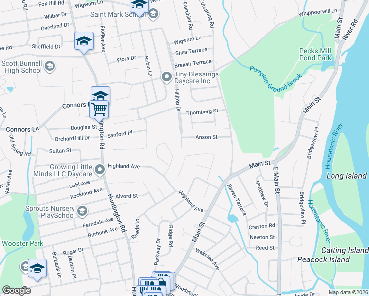 map of restaurants, bars, coffee shops, grocery stores, and more near 245 Hilltop Drive in Stratford