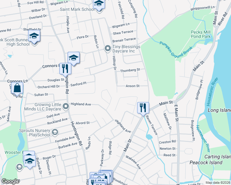 map of restaurants, bars, coffee shops, grocery stores, and more near 245 Hilltop Drive in Stratford