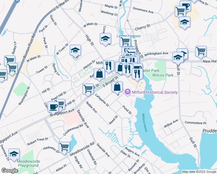 map of restaurants, bars, coffee shops, grocery stores, and more near 150 Broad Street in Milford