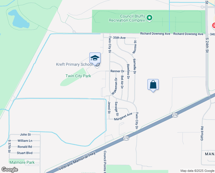 map of restaurants, bars, coffee shops, grocery stores, and more near 4021 Twin City Drive in Council Bluffs