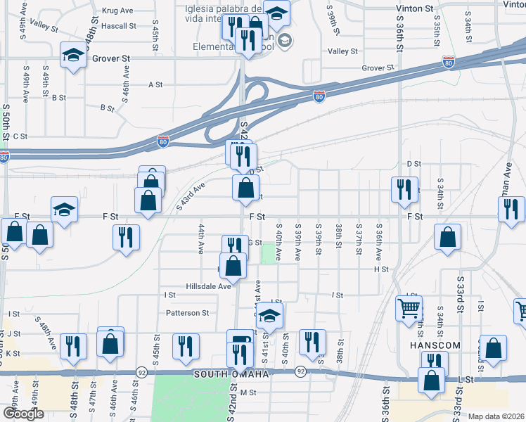 map of restaurants, bars, coffee shops, grocery stores, and more near 4066 F St in Omaha