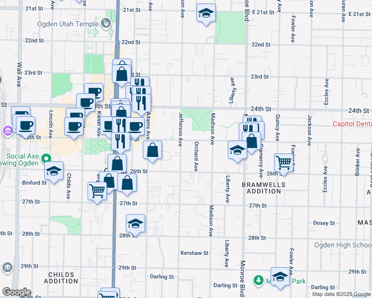 map of restaurants, bars, coffee shops, grocery stores, and more near 2520 Jefferson Avenue in Ogden