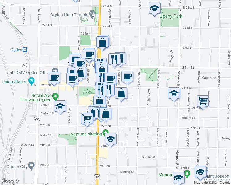 map of restaurants, bars, coffee shops, grocery stores, and more near 2526 Adams Avenue in Ogden