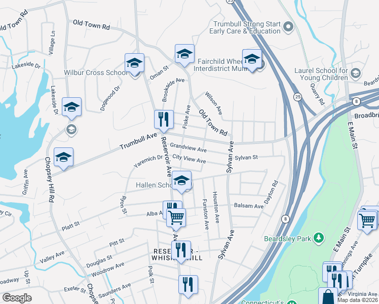 map of restaurants, bars, coffee shops, grocery stores, and more near 195 Grandview Avenue in Bridgeport