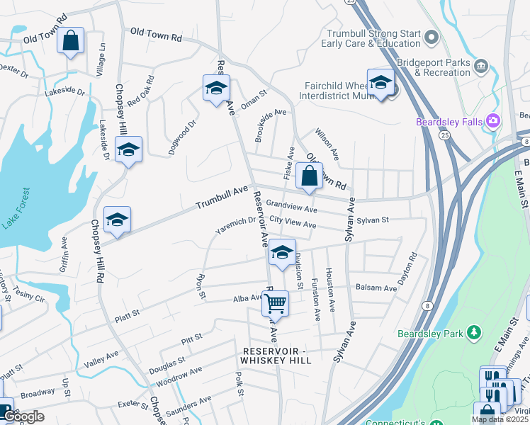 map of restaurants, bars, coffee shops, grocery stores, and more near 1434 Reservoir Avenue in Bridgeport