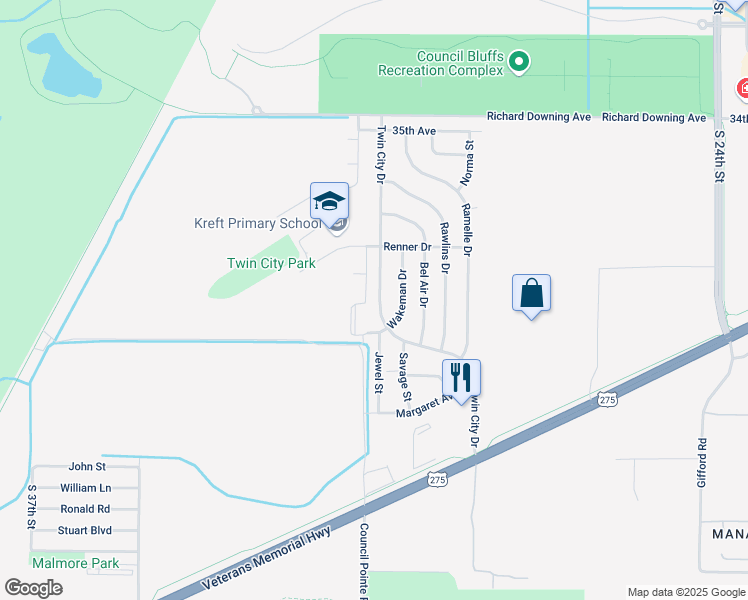 map of restaurants, bars, coffee shops, grocery stores, and more near 4021 Twin City Drive in Council Bluffs