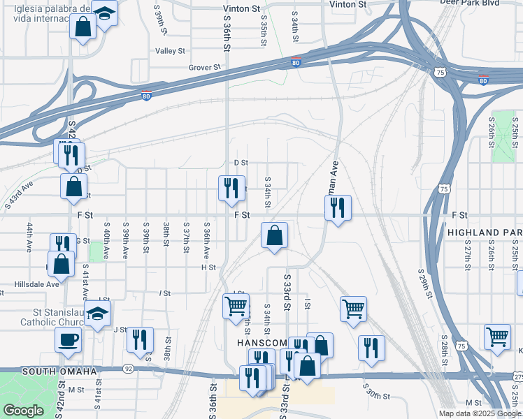 map of restaurants, bars, coffee shops, grocery stores, and more near 4024 South 34th Street in Omaha