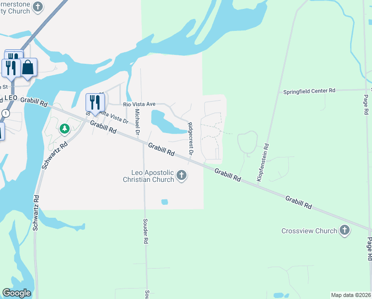 map of restaurants, bars, coffee shops, grocery stores, and more near 14517 Ridgecrest Drive in Leo-Cedarville