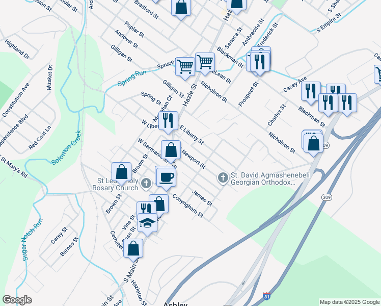 map of restaurants, bars, coffee shops, grocery stores, and more near 34 East Newport Street in Ashley