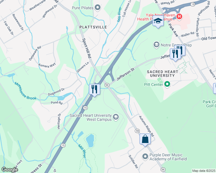 map of restaurants, bars, coffee shops, grocery stores, and more near Easton Turnpike & Jefferson St in Fairfield