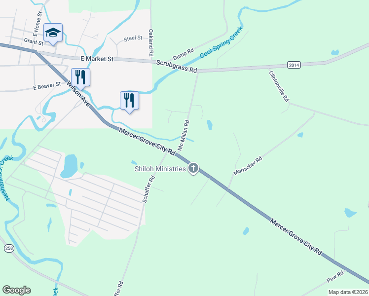 map of restaurants, bars, coffee shops, grocery stores, and more near 4 Mc Millan Road in Mercer