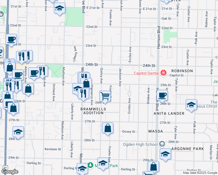 map of restaurants, bars, coffee shops, grocery stores, and more near 2515 Fowler Avenue in Ogden