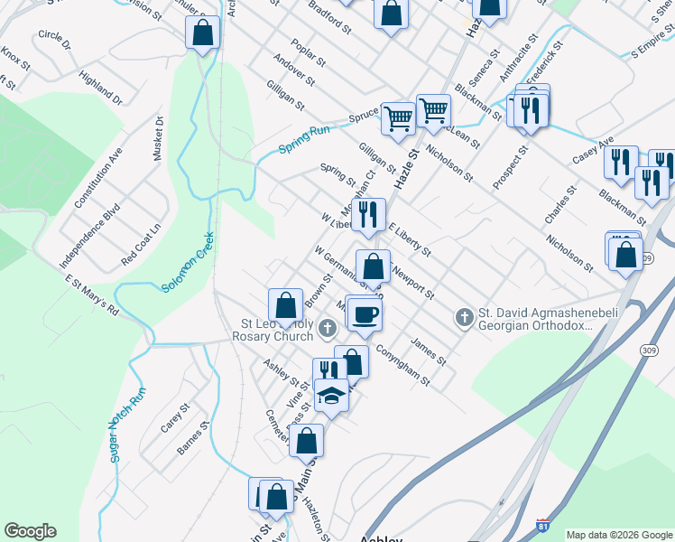 map of restaurants, bars, coffee shops, grocery stores, and more near 16 W Germania St in Luzerne
