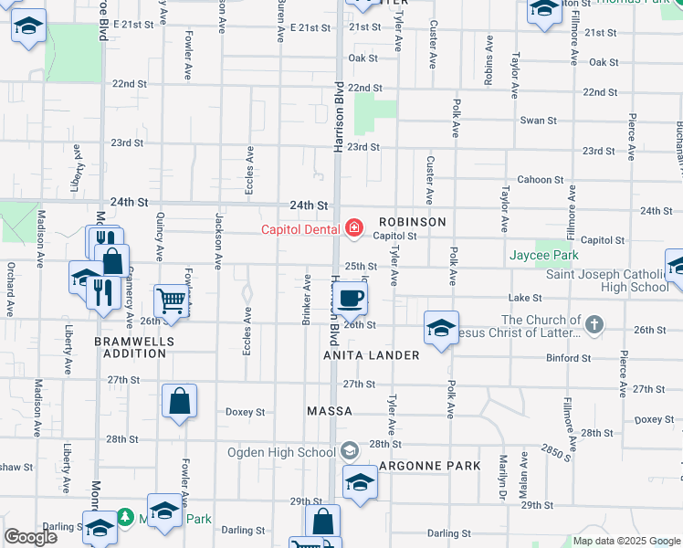map of restaurants, bars, coffee shops, grocery stores, and more near 1203 25th Street in Ogden