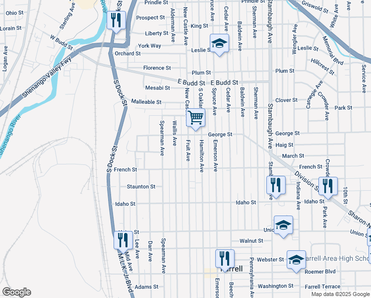 map of restaurants, bars, coffee shops, grocery stores, and more near 1134 Fruit Avenue in Farrell