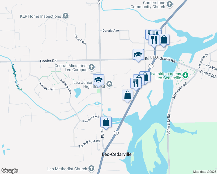 map of restaurants, bars, coffee shops, grocery stores, and more near 14600 Amstutz Road in Leo-Cedarville