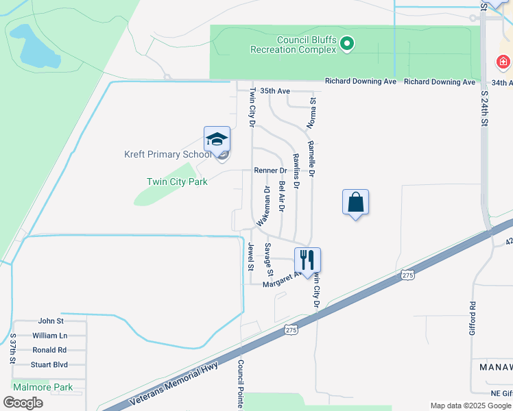 map of restaurants, bars, coffee shops, grocery stores, and more near 4021 Twin City Drive in Council Bluffs