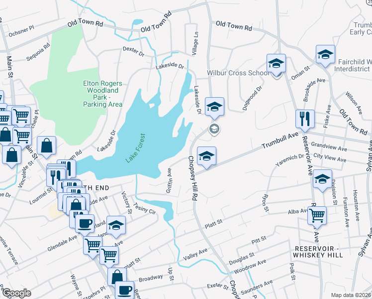 map of restaurants, bars, coffee shops, grocery stores, and more near 1385 Chopsey Hill Road in Bridgeport