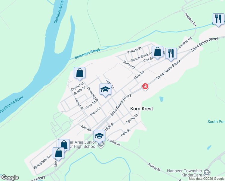 map of restaurants, bars, coffee shops, grocery stores, and more near 2 Zack Street in Luzerne