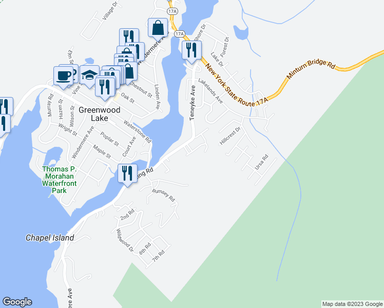 map of restaurants, bars, coffee shops, grocery stores, and more near 8 Golden Avenue in Greenwood Lake