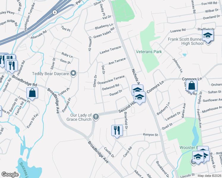map of restaurants, bars, coffee shops, grocery stores, and more near 75 Delwood Road in Stratford