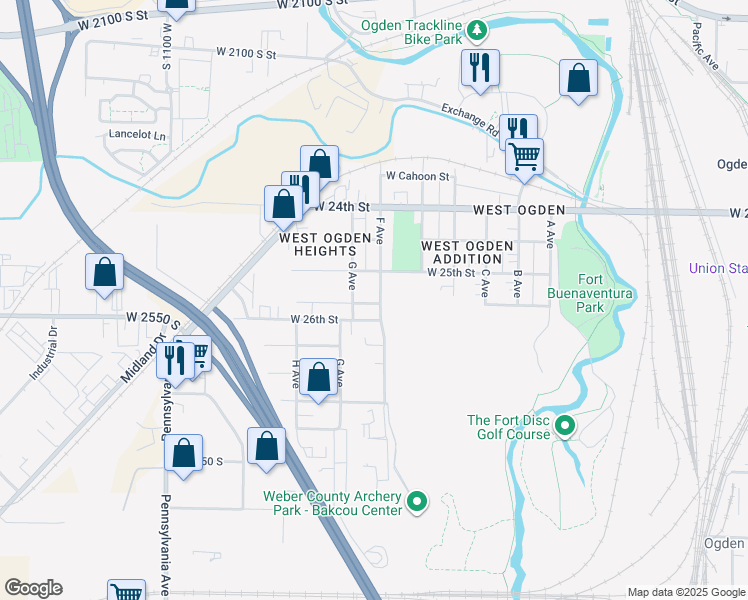 map of restaurants, bars, coffee shops, grocery stores, and more near 2549 F Avenue in Ogden