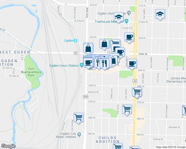 map of restaurants, bars, coffee shops, grocery stores, and more near 2522 South 140 East in Ogden