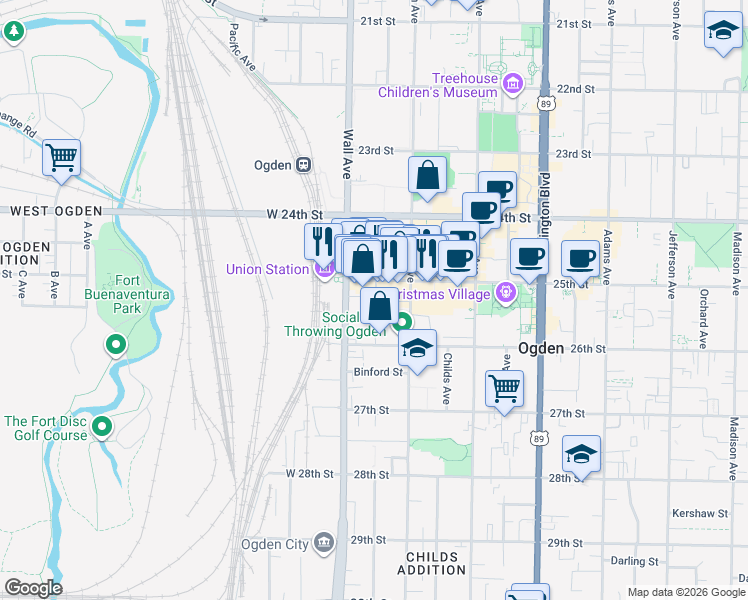 map of restaurants, bars, coffee shops, grocery stores, and more near 2522 South 140 East in Ogden
