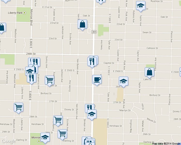 map of restaurants, bars, coffee shops, grocery stores, and more near 1203 East 2500 South in Ogden