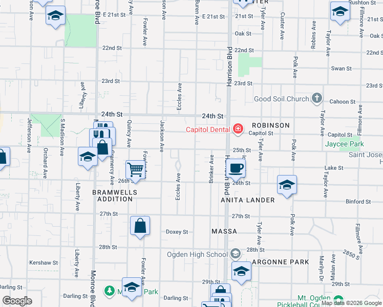 map of restaurants, bars, coffee shops, grocery stores, and more near 2502 Van Buren Avenue in Ogden