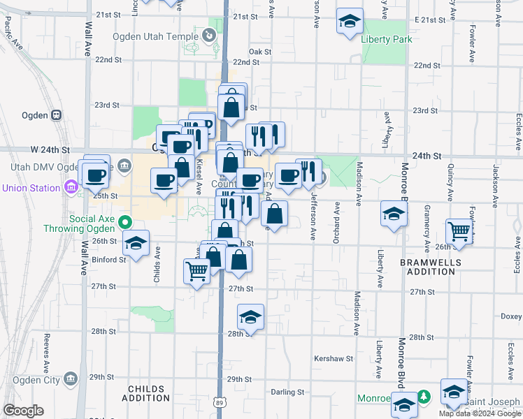 map of restaurants, bars, coffee shops, grocery stores, and more near 2526 Adams Avenue in Ogden