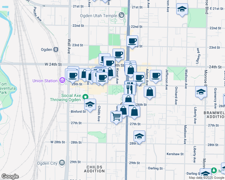 map of restaurants, bars, coffee shops, grocery stores, and more near 343 25th Street in Ogden