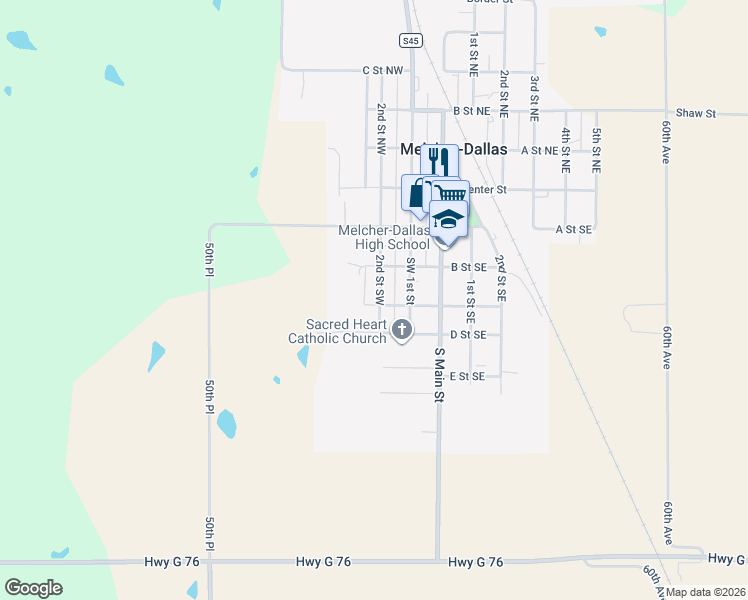map of restaurants, bars, coffee shops, grocery stores, and more near 315 2nd Street Southwest in Melcher-Dallas