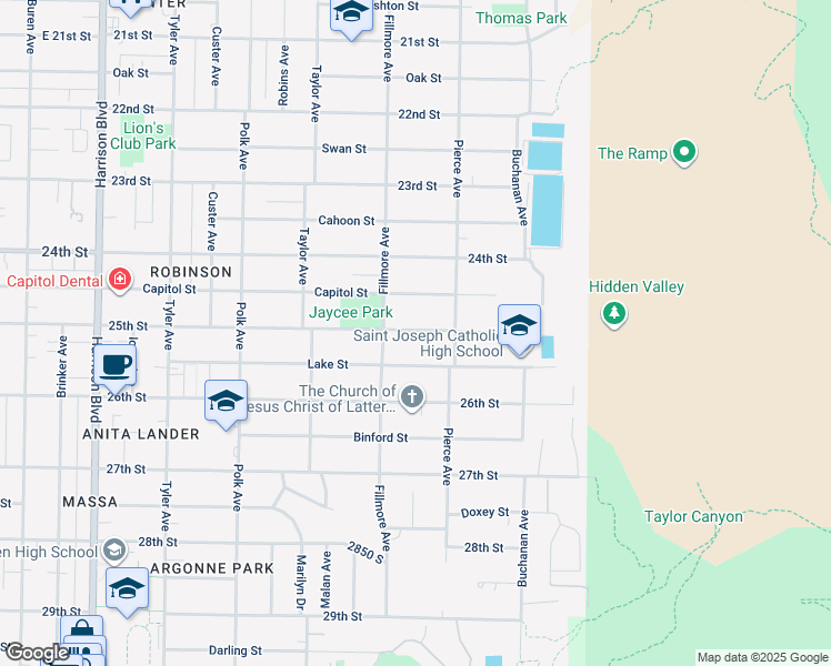 map of restaurants, bars, coffee shops, grocery stores, and more near 1649 East 2500 South in Ogden