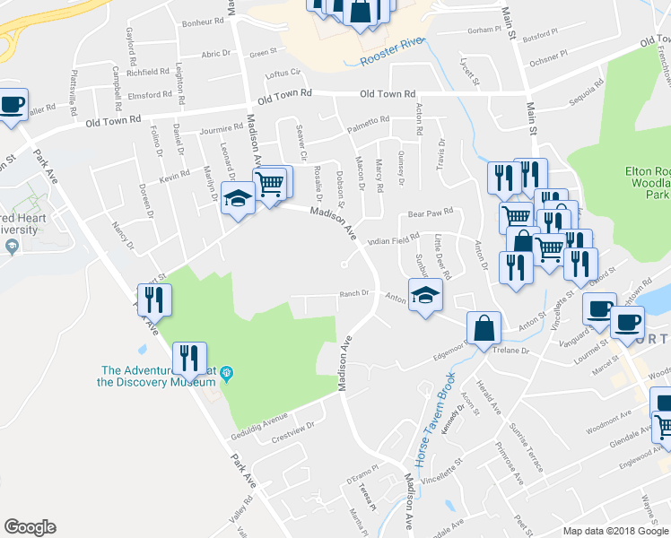 map of restaurants, bars, coffee shops, grocery stores, and more near 3455 Madison Avenue in Bridgeport